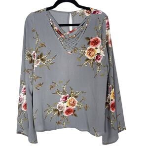 Entro Medium M Gray Floral Bell Sleeve Crossfront Blouse Top Keyhole Back Flower